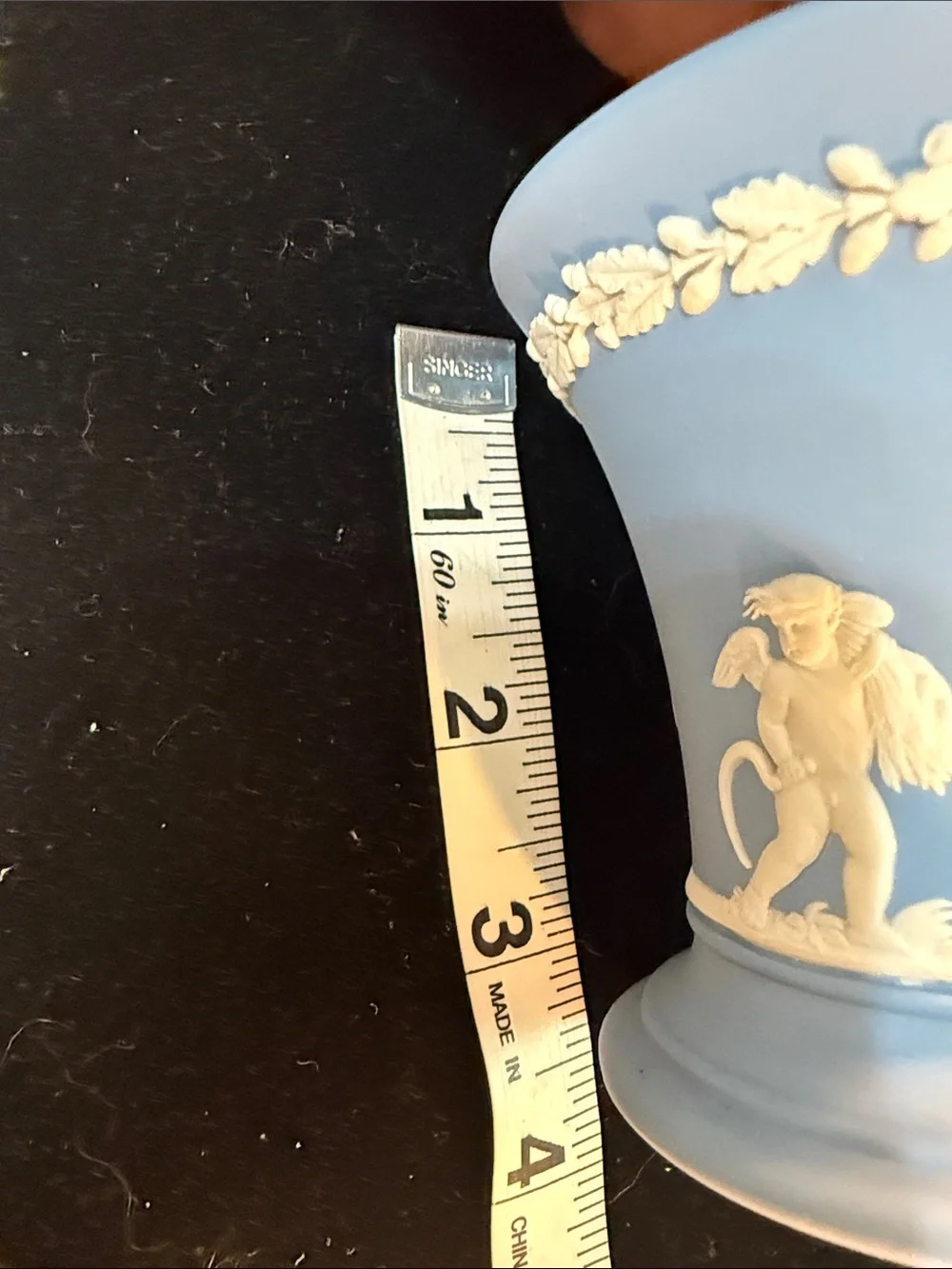 Wedgwood Blue Jasperware Urn vase with Cherub Reliefs Guc 3.25” x 2.5”